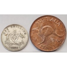 AUSTRALIA 1935 . ONE 1 SHILLING and 1964 ONE 1 PENNY AUSTRALIA 1935 . ONE 1 SHILLING and 1964 ONE 1 PENNY